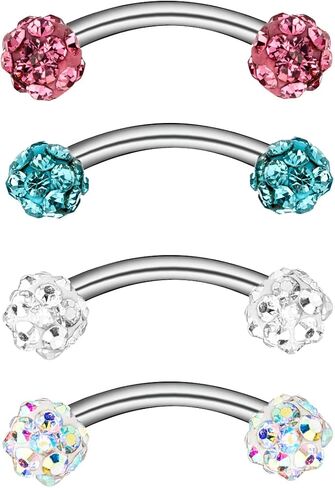 CABBE KALLO ثقب الحاجب 4 قطع 16 جرام من الفولاذ المقاوم للصدأ حلقات الحاجب المنحنية مع أحجار الراين الحديد الحاجب الدائري أقراط الجسم ثقب المجوهرات عدة للرجال والنساء in Kuwait