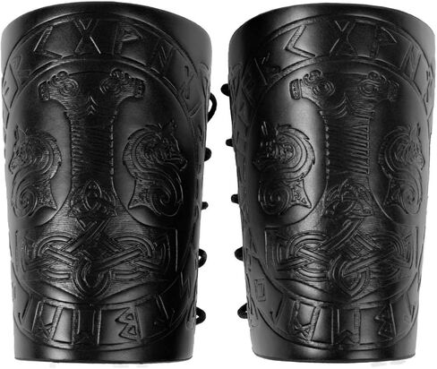 2 Pieces Viking Bracers, Mjolnir Embossed Arm Guards, Handcrafted Leather Arm Guards, Medieval Gauntlet Wristband in Saudi Arabia