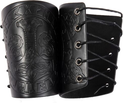 2 Pieces Viking Bracers, Mjolnir Embossed Arm Guards, Handcrafted Leather Arm Guards, Medieval Gauntlet Wristband in Saudi Arabia