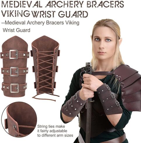 3 قطع من إكسسوارات عصر النهضة الهالوين واقيات الذراع من الجلد الصناعي ودعامات القرون الوسطى وحزام الفايكنج وغطاء كتف واحد من الجلد وحزام الرأس للبالغين للحفلات التنكرية باللون البني in Kuwait