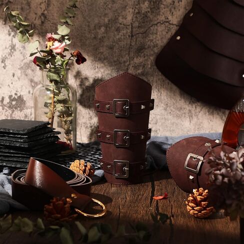 3 قطع من إكسسوارات عصر النهضة الهالوين واقيات الذراع من الجلد الصناعي ودعامات القرون الوسطى وحزام الفايكنج وغطاء كتف واحد من الجلد وحزام الرأس للبالغين للحفلات التنكرية باللون البني in Kuwait