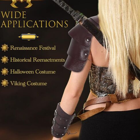 3 قطع من إكسسوارات عصر النهضة الهالوين واقيات الذراع من الجلد الصناعي ودعامات القرون الوسطى وحزام الفايكنج وغطاء كتف واحد من الجلد وحزام الرأس للبالغين للحفلات التنكرية باللون البني in Kuwait