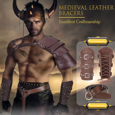 3 قطع من إكسسوارات عصر النهضة الهالوين واقيات الذراع من الجلد الصناعي ودعامات القرون الوسطى وحزام الفايكنج وغطاء كتف واحد من الجلد وحزام الرأس للبالغين للحفلات التنكرية باللون البني in Kuwait