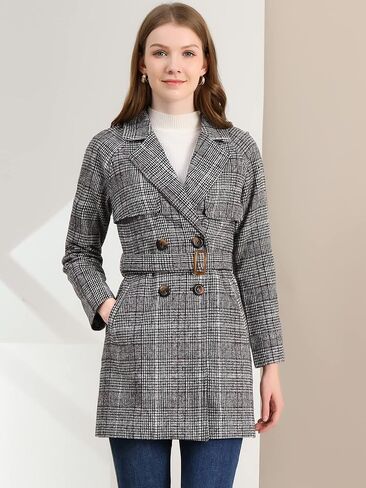 Allegra K Women's Double Breasted Raglan Sleeve Winter Trench Plaid Coat in Kuwait