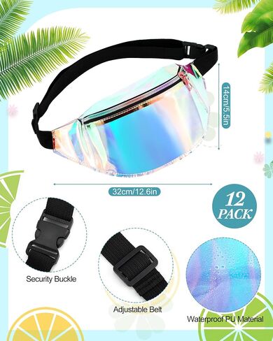 Jeyiour 24 Pcs Holographic Fanny Packs Bulk and Sun Visor Set 12 Sun Visor Hat Colored Beach Golf Cap 12 Metallic Color Fanny Packs PVC Clear Waist Bag for Women Sports Wedding Bachelorette Party Gift in Saudi Arabia