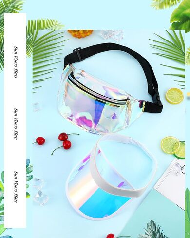Jeyiour 24 Pcs Holographic Fanny Packs Bulk and Sun Visor Set 12 Sun Visor Hat Colored Beach Golf Cap 12 Metallic Color Fanny Packs PVC Clear Waist Bag for Women Sports Wedding Bachelorette Party Gift in Saudi Arabia