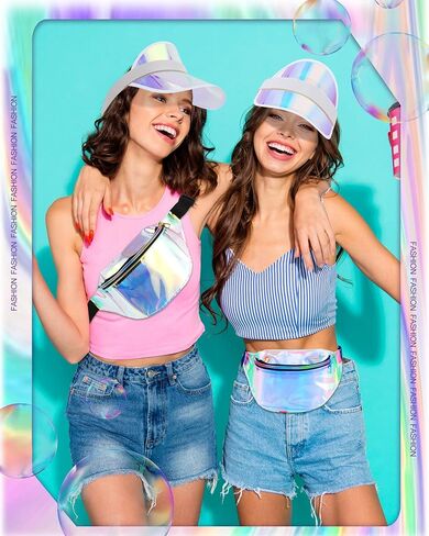 Jeyiour 24 Pcs Holographic Fanny Packs Bulk and Sun Visor Set 12 Sun Visor Hat Colored Beach Golf Cap 12 Metallic Color Fanny Packs PVC Clear Waist Bag for Women Sports Wedding Bachelorette Party Gift in Saudi Arabia