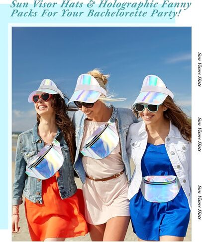 Jeyiour 24 Pcs Holographic Fanny Packs Bulk and Sun Visor Set 12 Sun Visor Hat Colored Beach Golf Cap 12 Metallic Color Fanny Packs PVC Clear Waist Bag for Women Sports Wedding Bachelorette Party Gift in Saudi Arabia