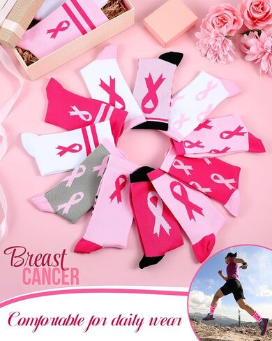 Taiyin 80 Pairs Breast Cancer Awareness Socks Pink Ribbon Crew Sock Bulk Women Cheer Accessories Gifts for Breast Cancer Awareness, 20 Styles in Saudi Arabia