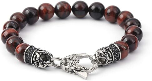 سوار عين النمر للرجال من Starmond : مشبك من الفولاذ المقاوم للصدأ مع تصميم جمجمة سوار خرز 10 مم in Kuwait