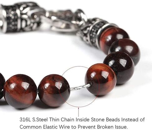 سوار عين النمر للرجال من Starmond : مشبك من الفولاذ المقاوم للصدأ مع تصميم جمجمة سوار خرز 10 مم in Kuwait