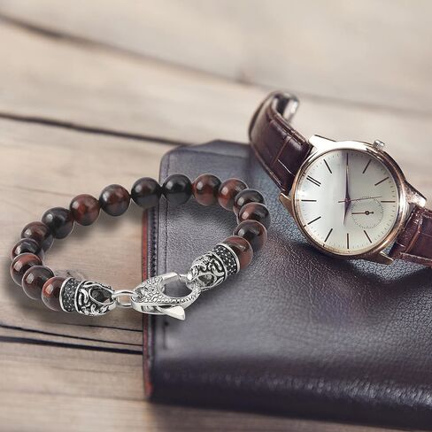 سوار عين النمر للرجال من Starmond : مشبك من الفولاذ المقاوم للصدأ مع تصميم جمجمة سوار خرز 10 مم in Kuwait