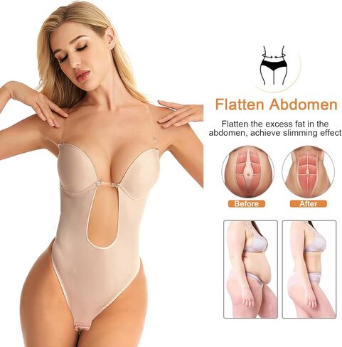 TAGVO Women's Bodysuits Plunge Deep V Neck Backless Body Shaper Underwear Seamless Thong, Clear Strap Shapewear for Women in Kuwait