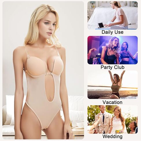 TAGVO Women's Bodysuits Plunge Deep V Neck Backless Body Shaper Underwear Seamless Thong, Clear Strap Shapewear for Women in Kuwait