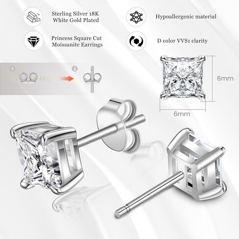 Tunzug 2.4 CT Princess Square Moissanite أقراط اللون VVS1 Clarity Lab مكون من الماس 18K الذهب الأبيض S925 أقراط الفضة الاسترليني للنساء in Kuwait