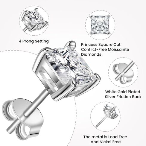 Tunzug 2.4 CT Princess Square Moissanite أقراط اللون VVS1 Clarity Lab مكون من الماس 18K الذهب الأبيض S925 أقراط الفضة الاسترليني للنساء in Kuwait