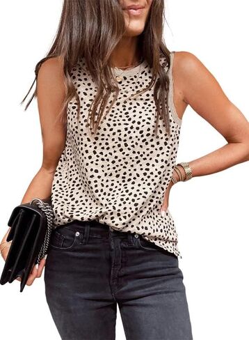 Dokotoo Womens Leopard Print Tank Tops Crewneck Sleeveless Summer Casual T-Shirts Blouses in Kuwait