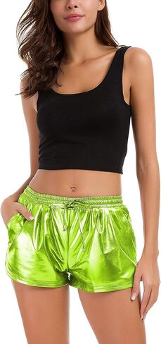 Tandisk Women's Yoga Hot Shorts Shiny Metallic Pants with Elastic Drawstring in Kuwait