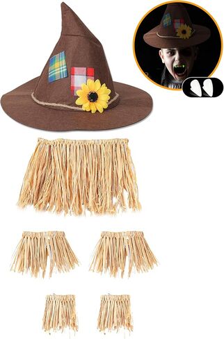 NIQIAO 8 Pieces Scarecrow Costume Set Include Raffia Scarecrow Straw Kit Hat Necklace Wristband Vampire Teeth for Halloween Harvest Party Accessory in Saudi Arabia
