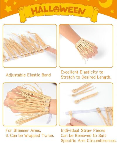 NIQIAO 8 Pieces Scarecrow Costume Set Include Raffia Scarecrow Straw Kit Hat Necklace Wristband Vampire Teeth for Halloween Harvest Party Accessory in Saudi Arabia