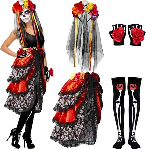 Hercicy 4 Pcs Halloween Day of the Dead Costumes for Women, Include Multicolor Tie on Bustle, Flower Headband Rose Flower Costume Headpiece, Fingerless Skeleton Gloves and Skeleton Thigh High Socks in Saudi Arabia