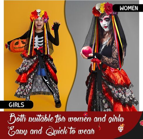 Hercicy 4 Pcs Halloween Day of the Dead Costumes for Women, Include Multicolor Tie on Bustle, Flower Headband Rose Flower Costume Headpiece, Fingerless Skeleton Gloves and Skeleton Thigh High Socks in Saudi Arabia
