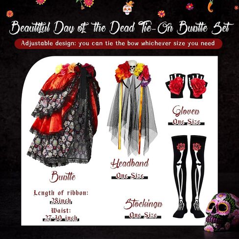 Hercicy 4 Pcs Halloween Day of the Dead Costumes for Women, Include Multicolor Tie on Bustle, Flower Headband Rose Flower Costume Headpiece, Fingerless Skeleton Gloves and Skeleton Thigh High Socks in Saudi Arabia