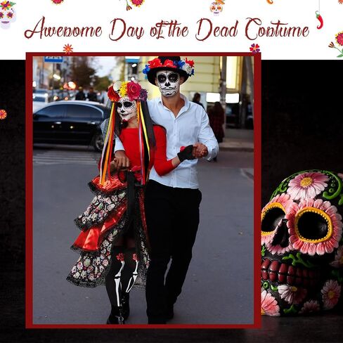 Hercicy 4 Pcs Halloween Day of the Dead Costumes for Women, Include Multicolor Tie on Bustle, Flower Headband Rose Flower Costume Headpiece, Fingerless Skeleton Gloves and Skeleton Thigh High Socks in Saudi Arabia