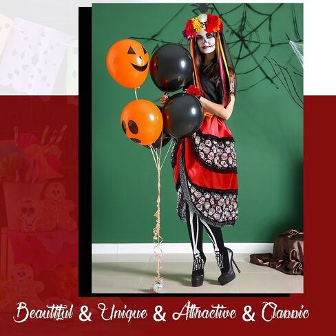 Hercicy 4 Pcs Halloween Day of the Dead Costumes for Women, Include Multicolor Tie on Bustle, Flower Headband Rose Flower Costume Headpiece, Fingerless Skeleton Gloves and Skeleton Thigh High Socks in Saudi Arabia