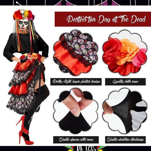 Hercicy 4 Pcs Halloween Day of the Dead Costumes for Women, Include Multicolor Tie on Bustle, Flower Headband Rose Flower Costume Headpiece, Fingerless Skeleton Gloves and Skeleton Thigh High Socks in Saudi Arabia