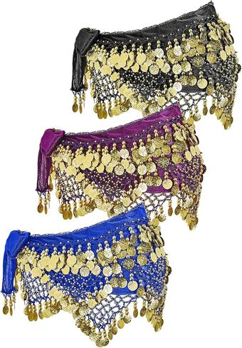 Henoyso 3 Pieces Belly Dance Hip Scarf Belly Dance Skirt Hip with Dangling Gold Coins Belly Dancer Costumes for Women Girls, 62.2 Inches, Black, Blue and Purple in Saudi Arabia