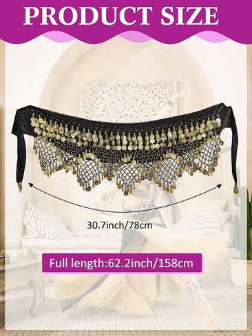 Henoyso 3 Pieces Belly Dance Hip Scarf Belly Dance Skirt Hip with Dangling Gold Coins Belly Dancer Costumes for Women Girls, 62.2 Inches, Black, Blue and Purple in Saudi Arabia