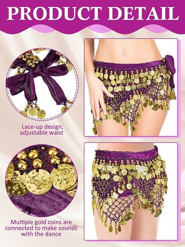 Henoyso 3 Pieces Belly Dance Hip Scarf Belly Dance Skirt Hip with Dangling Gold Coins Belly Dancer Costumes for Women Girls, 62.2 Inches, Black, Blue and Purple in Saudi Arabia