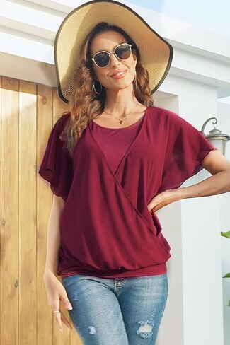 بلوزات شيفون ملفوفة من Cestyle للنساء بأكمام مكشكشة أنيقة وطبقات مزدوجة in Kuwait