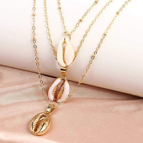 البوهيمي البحر شل قلادة المختنقون القلائد متعدد الطبقات، أبيض، حجم لا حجم in Kuwait