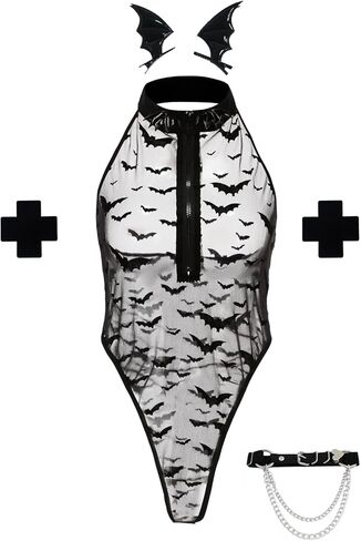 ملابس داخلية نسائية من ADEMISHIA مصنوعة من الدانتيل باللون الأسود مع حزام رباط وطباعة الشيطان الصغير ورقبة وهمية بدون ظهر من قطعة واحدة in Kuwait