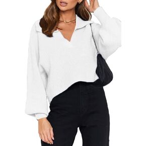 CHYRII Women Overized Puff Long Sleeve V Neck Knitted Polo Pullover Sweater Jumper Tops