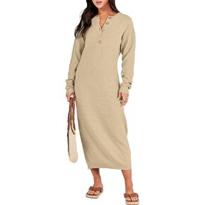 ANRABESS Women Sweater Dress Long Sleeve Button V Neck Oversized Casual Loose Fall Waffle Knit Long Dress in Kuwait