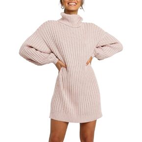 Prinbara Women Turtleneck Long Lantern Sleeve Casual Loose Oversized Sweater Dress Soft Winter Pullover Dresses