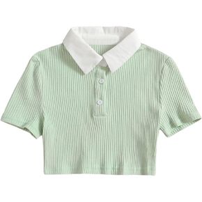 Milumia Girl's Cute Rib Knit Shirts Short Sleeve Button Front Collar Crop Tops