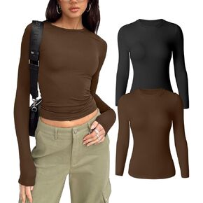 HYZ Women's Casual Long Sleeve Crew Neck Slim Fit Going Out Seamless Two Piece Tops Tshirt