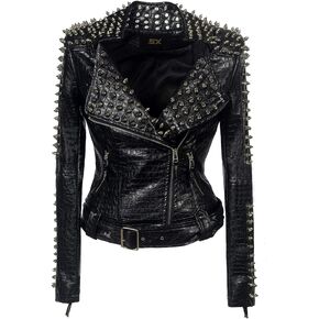 SX Women Punk Faux Leather PU Black Jacket Studded Rivet Fashion Streetwear Motorcycle Coat