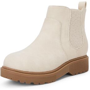 Coutgo Girls Kids Lug Sole Ankle Boots Side Zip Chunky Low Heel Slip On Winter Casual Chelsea Booties Shoes