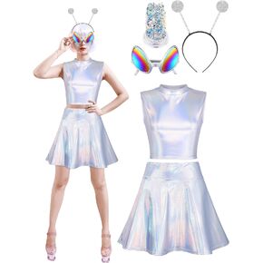 SOMSOC Alien Costume Metallic Top Sleeveless Crop Tank Top Pleated Skirt with Headband Glasses Glitter for Halloween Cosplay in Kuwait