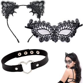 UN UNITEDTIME Black Cat Costume for Women, Black Cat Costume Accessories Cat Woman Sexy Costume for Women Halloween Masquerade Mask Adult, Lace Ears & Heart Choker Necklace in Kuwait