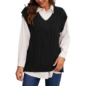 HopeKitt Women's Oversized Sweater Vest V Neck Sleeveless Cable Knit Knitted Pullover Top