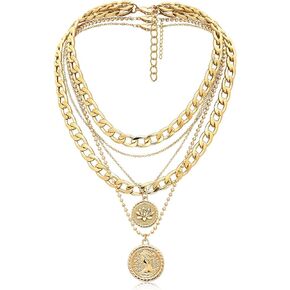 Gold Layered Necklaces for Women Chunky Choker Link Chain Trendy Retro Coin 14K Pendant Necklace Handmade Dainty Layering Poppy Lotus Rose Birth Flower Necklaces Gift