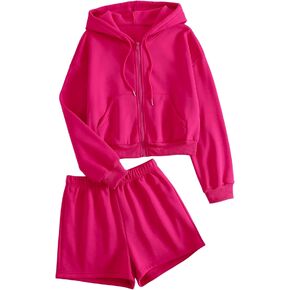 Verdusa Women's 2 Piece Zip Up Hoodie Sweatshirt Top and Short Sweatsuit Set