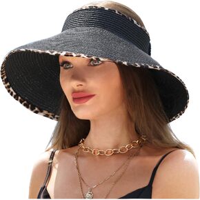LA CARRIE Wide Brim UV Protection Sun Hats for Women with Leopard Trim Straw Roll Up Beach Visor Hat UPF 50+