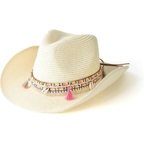 Gossifan Women's Woven Straw Cowboy Hat w/Beaded Trim Band Hat Beach Holiday Sun Hats in Kuwait